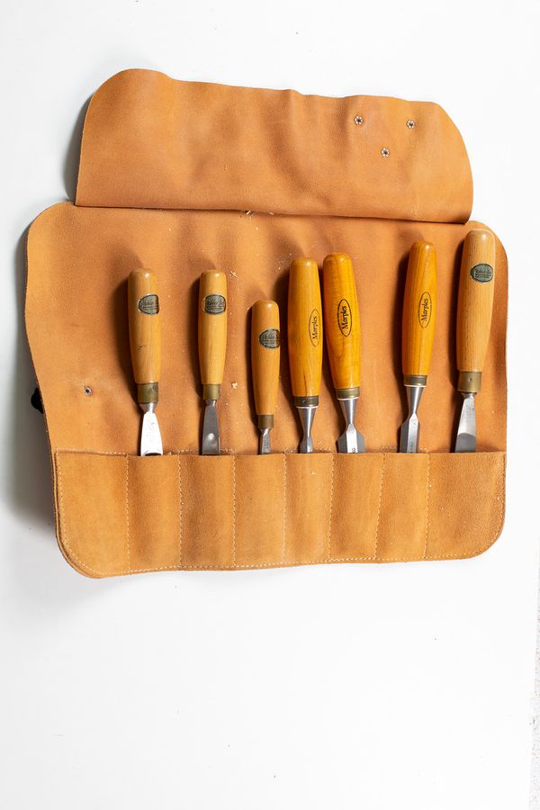 Four Ashley Isles gouges and three Marples chisels