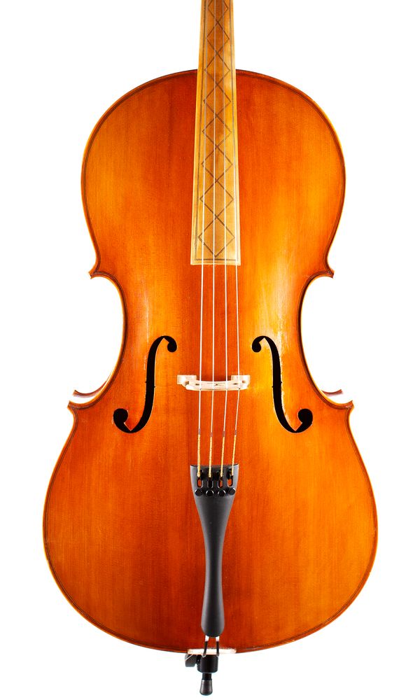 A cello, labelled Mu Zhibin Workshop