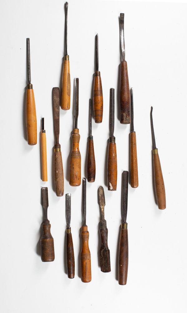 Thirteen gouges and three chisels, various sizes