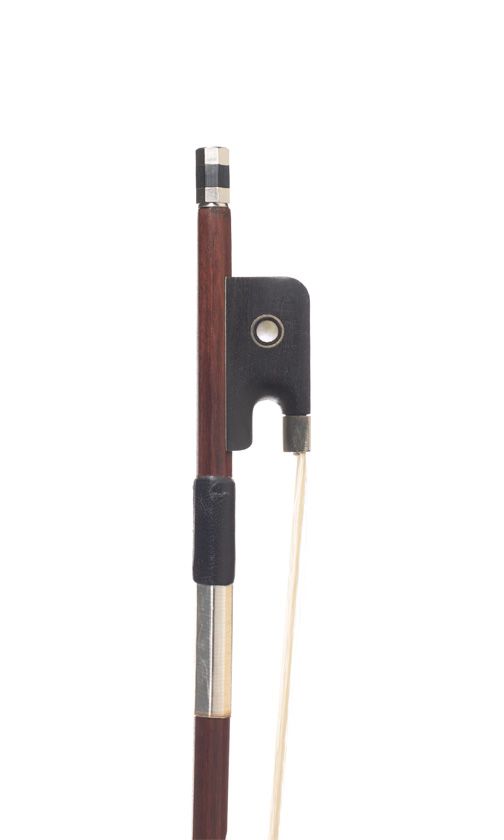 A half-sized nickel-mounted cello bow, unbranded
