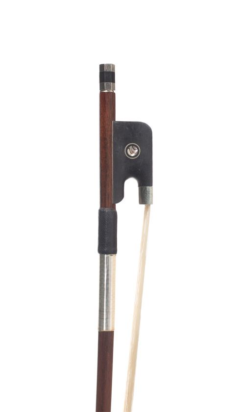 A quarter-sized nickel-mounted cello bow, unbranded