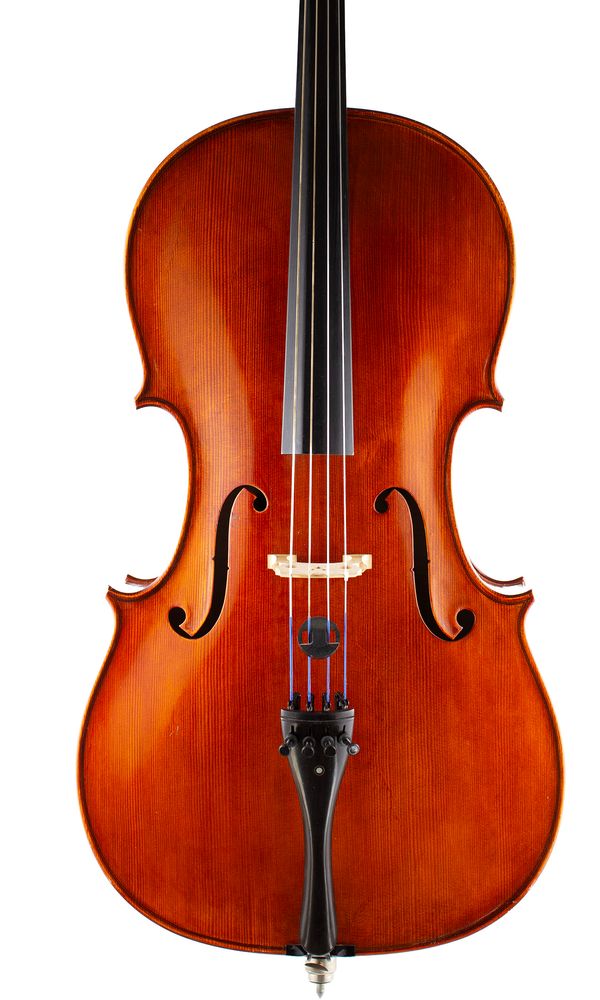 A cello, labelled  Franz Sandner