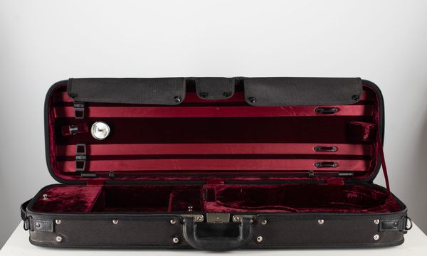 A violin case, branded Gewa