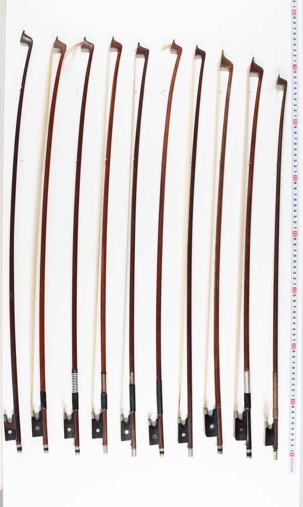 Two cello bows and twelve violin bows, varying lengths