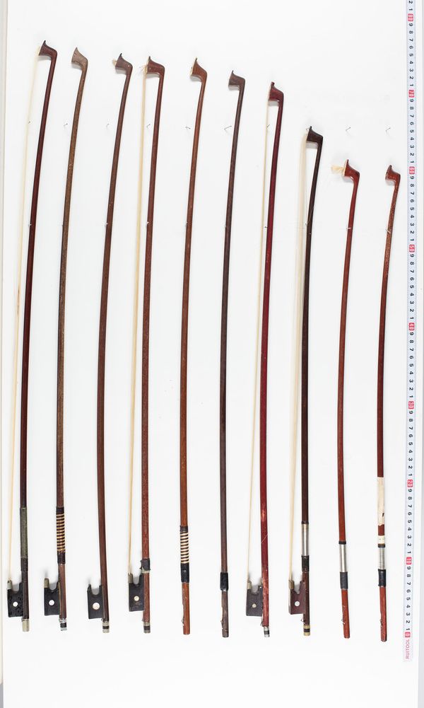 Nine violin bows and seven sticks, varying lengths