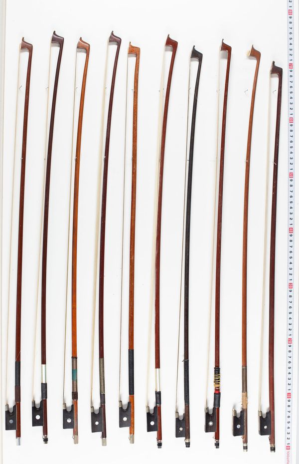 Twenty two violin bows and one stick, varying lengths