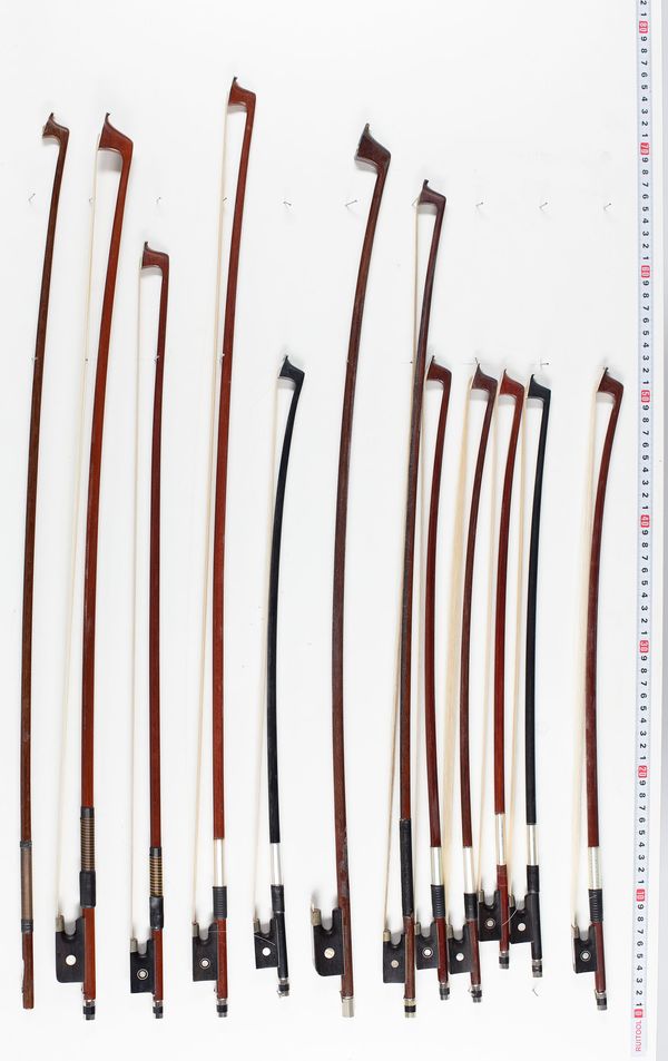 Two cello bows, one violin bow, eight child bows and one stick, varying lengths