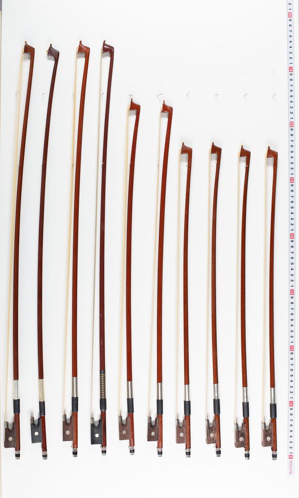 Twelve violin bows and ten child-sized violin bows