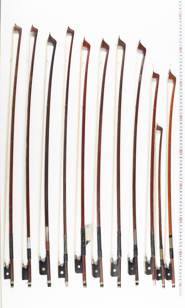 Six violin bows, six child-sized violin bows, seven cello bows and three child-sized cello bows