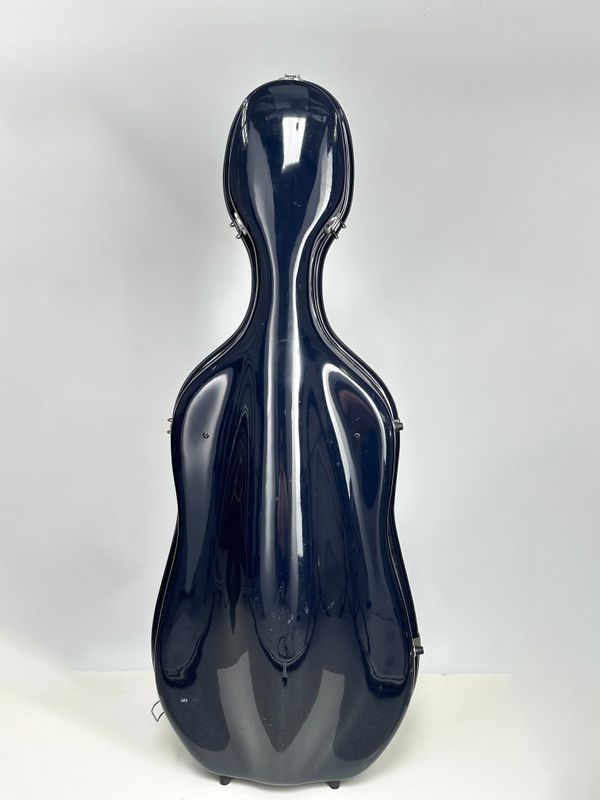 A navy blue Gewa hard full-size cello case