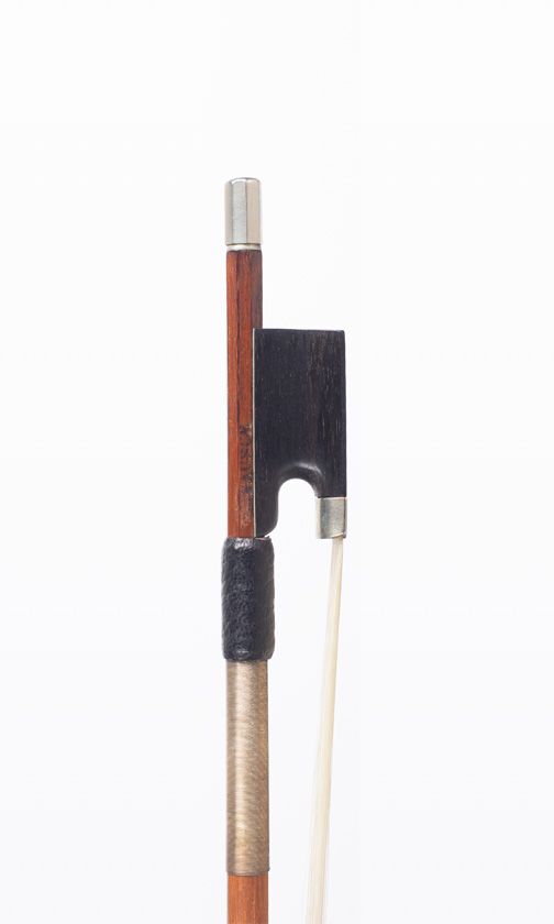 A nickel-mounted violin bow, branded Bausch