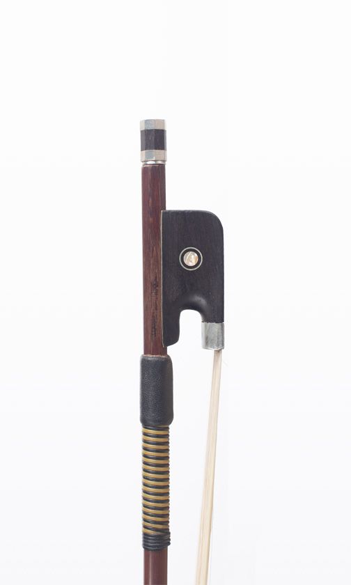 A nickel-mounted cello bow, branded Emile Ouchard