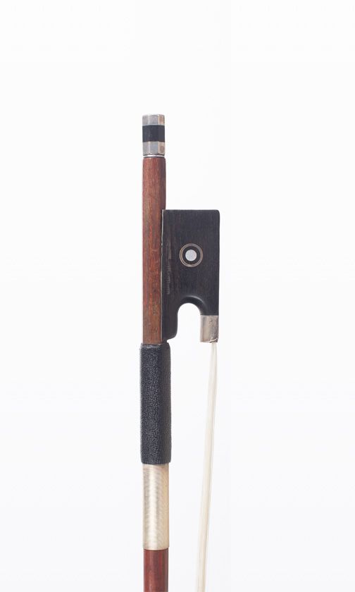 A silver-mounted violin bow, branded P. Hel