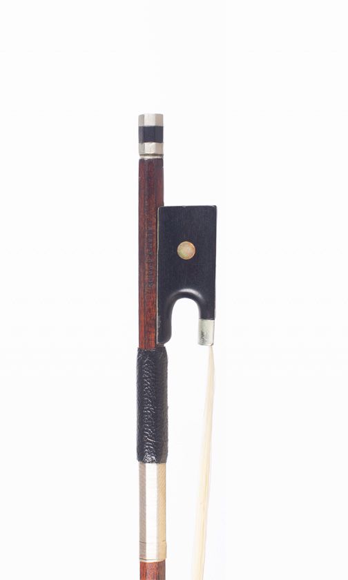 A nickel-mounted violin bow, branded A. Lamy a Paris