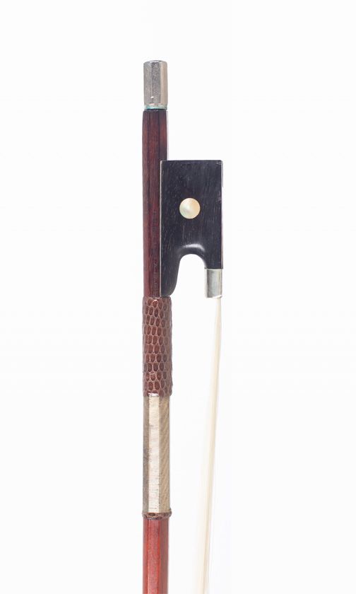 A nickel-mounted violin bow, branded Ch. Buthod