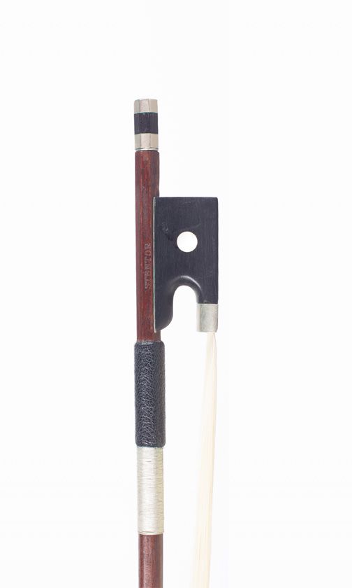 A nickel-mounted violin bow, branded Stentor