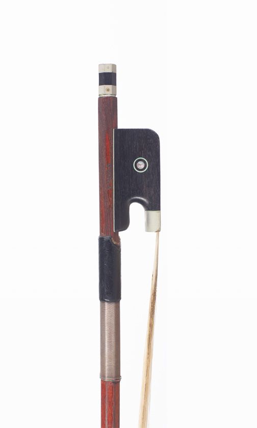 A nickel-mounted cello bow, branded R. Paesold