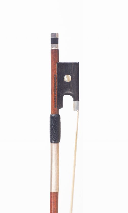 A nickel-mounted violin bow, branded Albert Nürnberger