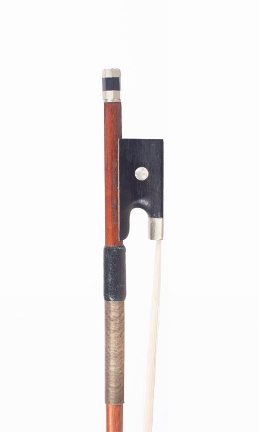 A nickel-mounted violin bow, branded Albert Thoma