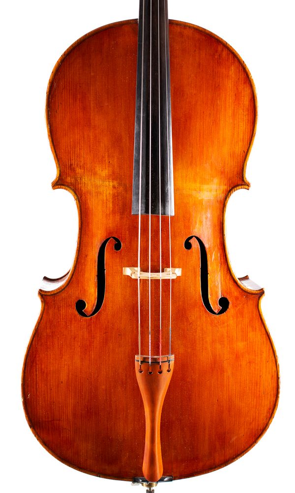 A cello, labelled Giuseppe Fiorini