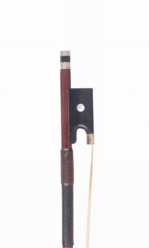 A nickel-mounted violin bow, branded Lupot