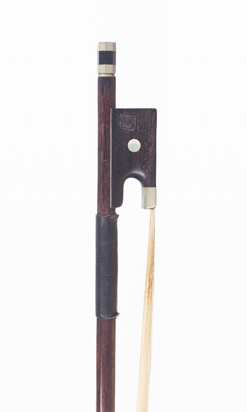 A nickel-mounted violin bow, branded H. R. Pfretzschner