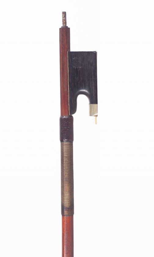 A nickel-mounted violin bow, branded H. R. Pfretzschner