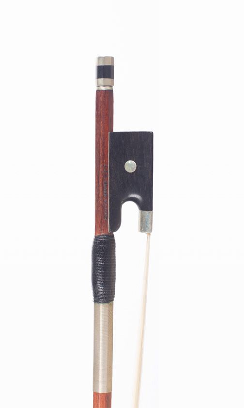 A nickel-mounted violin bow, branded J. & A. Beare