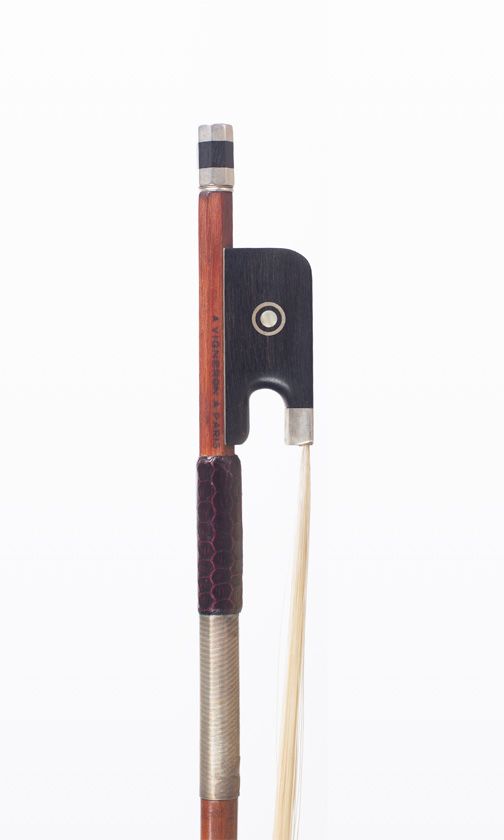 A nickel-mounted violin bow, branded A. Vigneron