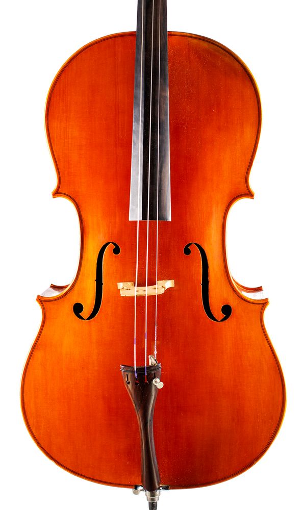 A cello, labelled Michelangelo Puglisi