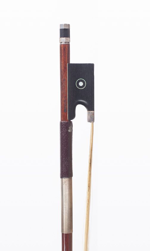 A silver-mounted violin bow, branded A. Lamy