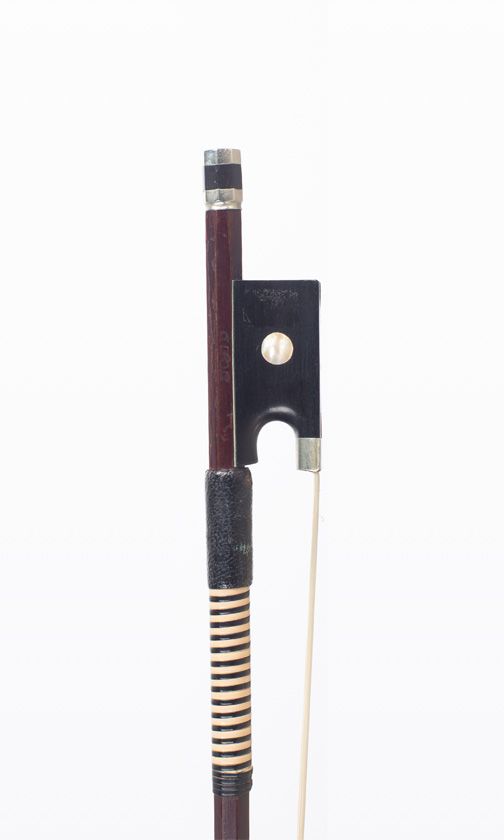 A nickel-mounted violin bow, branded Dodd