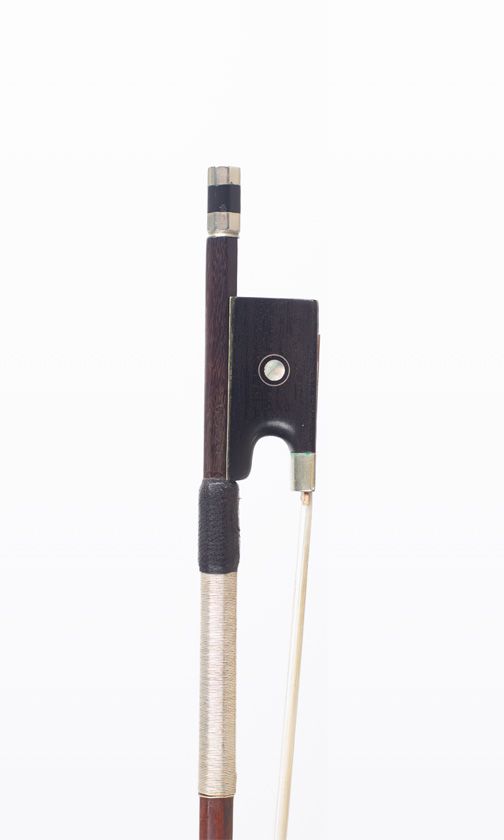 A nickel-mounted violin bow, branded Dodd