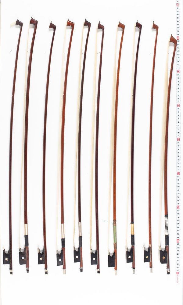 Approximately nineteen violin bows and one cello bow, varying lengths