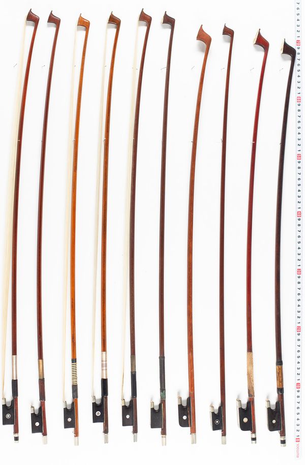 Approximately thirteen violin bows and seven cello bows, varying lengths