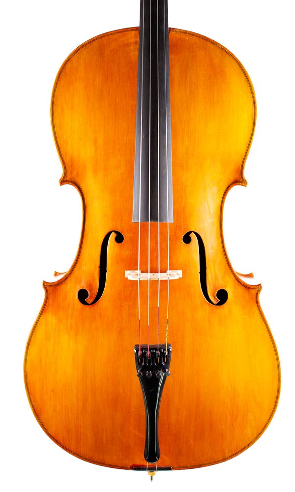 A cello, labelled Romeo Antoniazzi