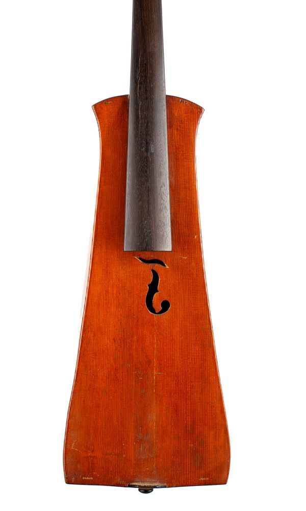 A rectangular violin, labelled Fajot