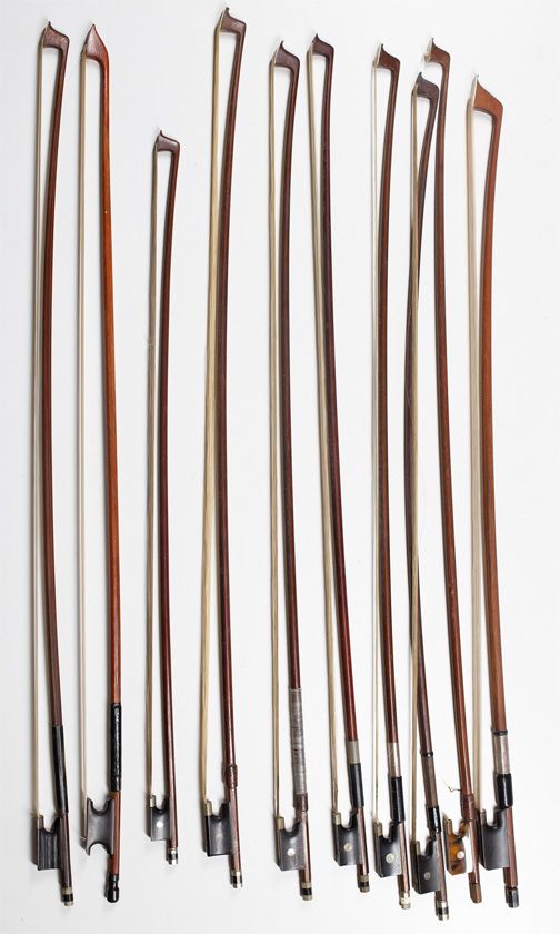 Eight violin bows, one child's violin bow and one baroque violin bow