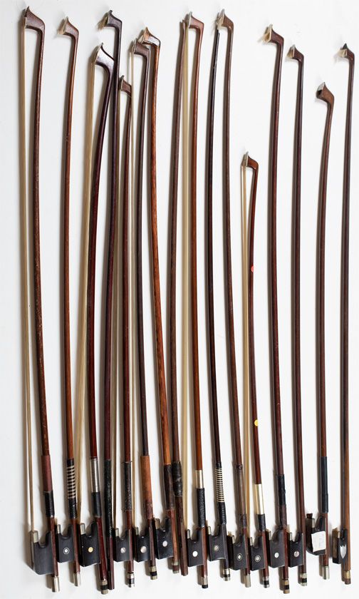 Ten violin bows, three child's violin bows, two cello bows and one child's cello bow