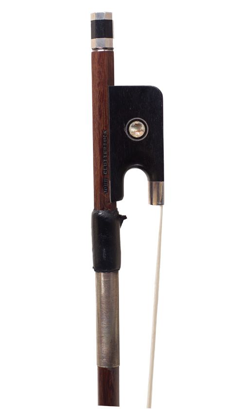 A silver-mounted cello bow by John Clutterbuck