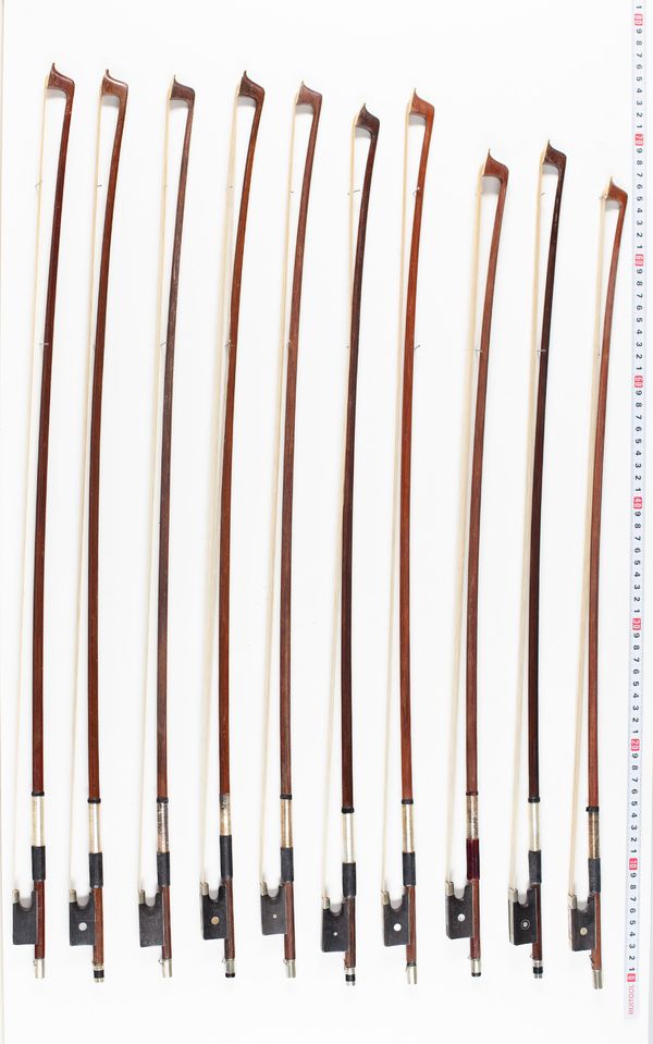 Twenty-two violin bows, varying lengths