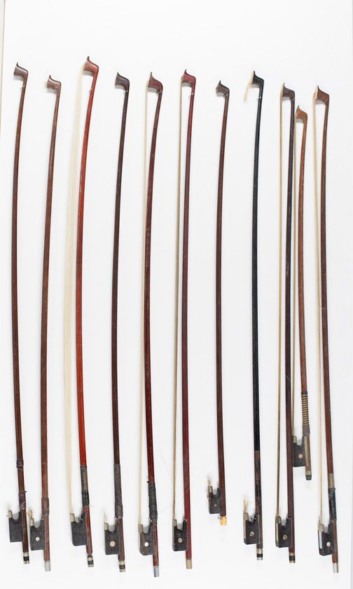 Twelve violin bows, six child's violin bows and two cello bows, various sizes