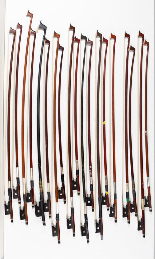 Six violin bows, thirteen child's violin bows and one cello bow, various sizes