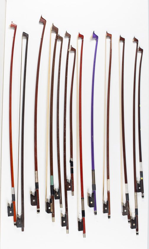 Eight violin bows, eight child's violin bows and four cello bows