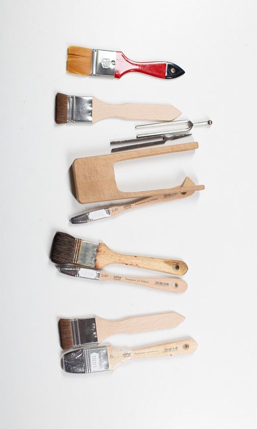 Six clamps, seven varnish brushes and two peg reamers