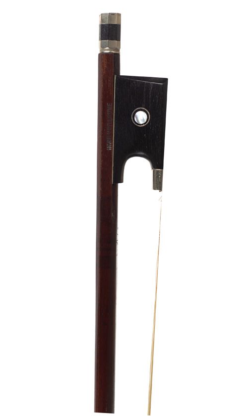 A nickel-mounted violin bow branded Nach Vuillaume
