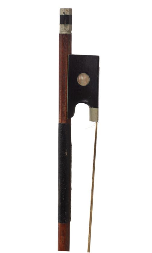 A nickel-mounted child's violin bow branded L. Bausch