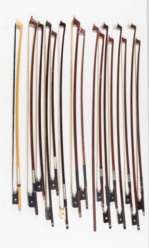 Five violin bows, seven child's violin bows, one violin bow stick, two cello bows and one child's cello bow, various sizes