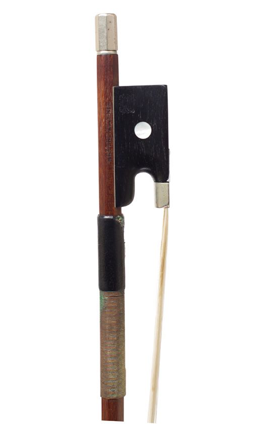A nickel-mounted violin bow by H. R. Pfretzschner, Germany