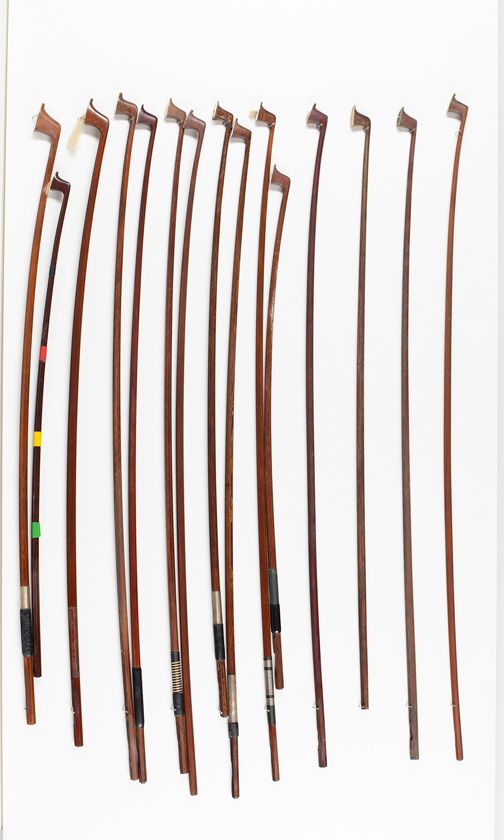 Nine violin bow sticks, four child's violin bow sticks and two cello bow sticks